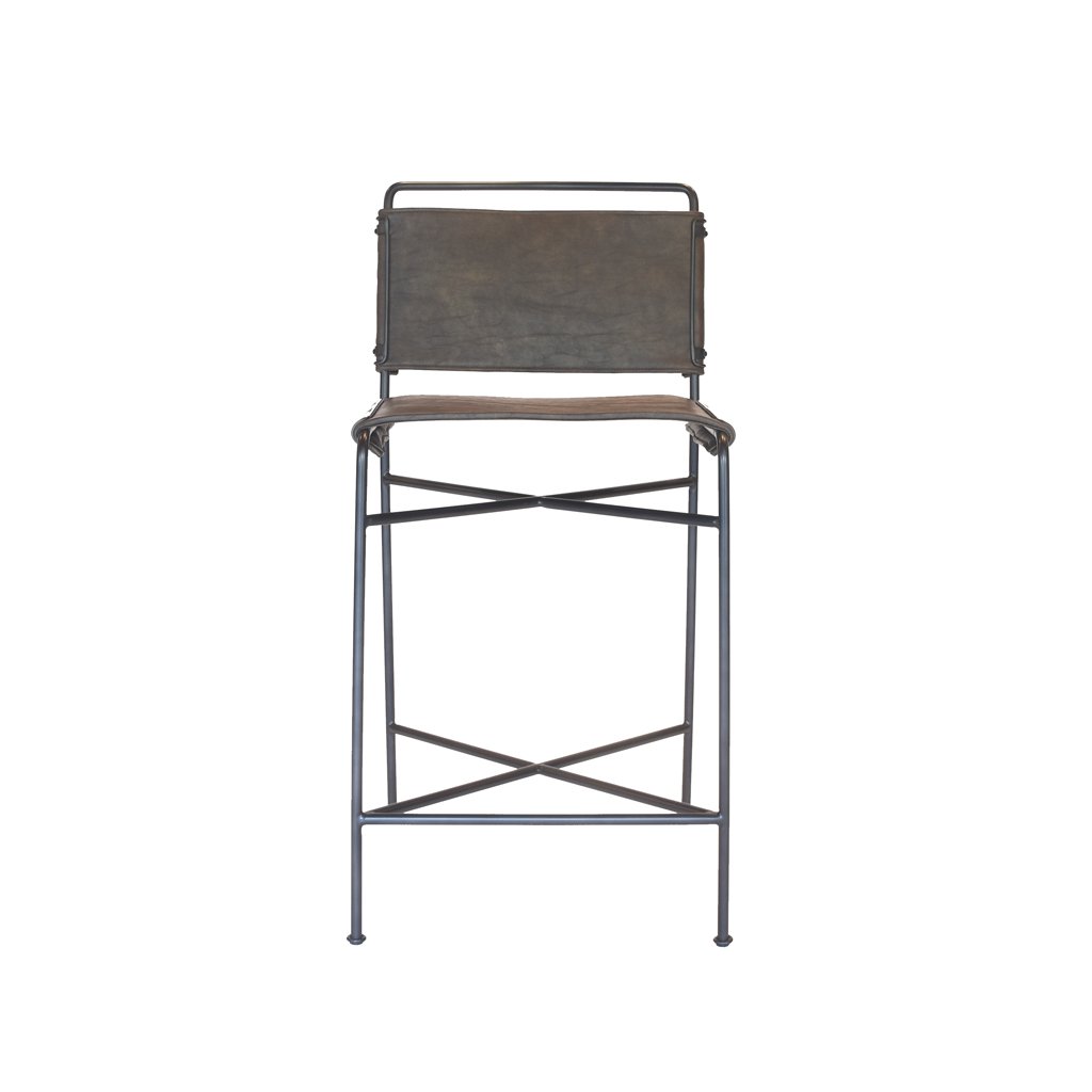 Brown Leather and Metal Counter Stool