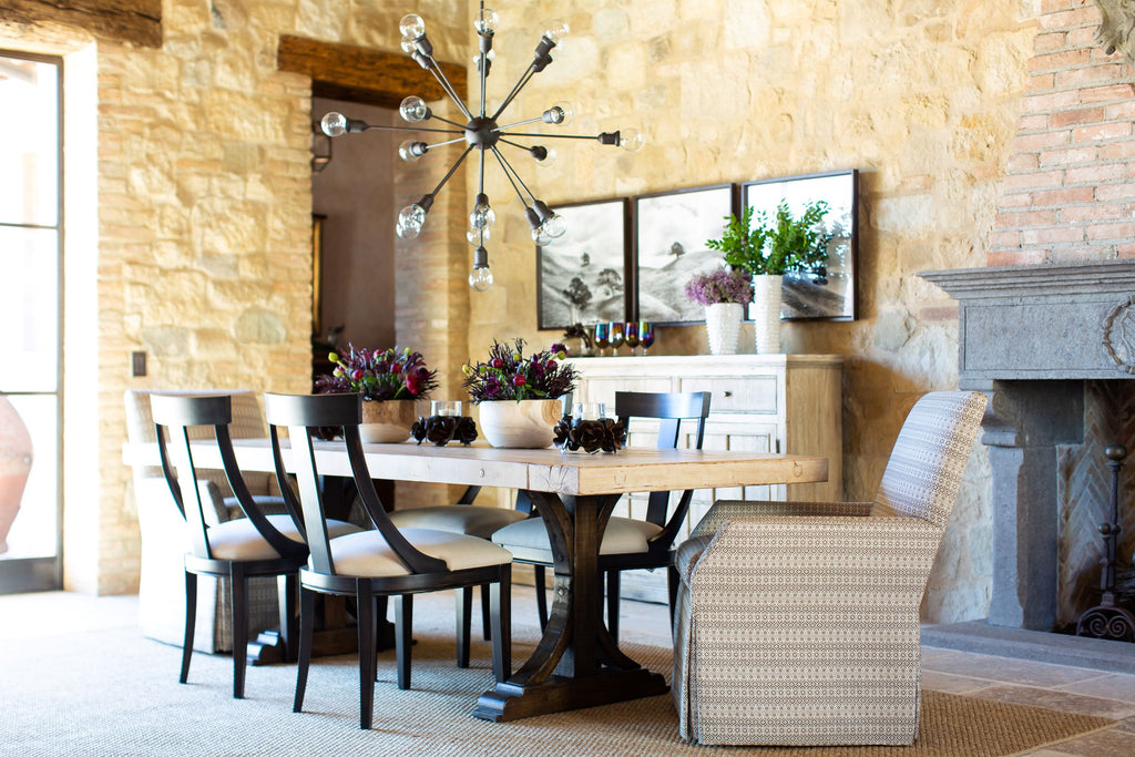 Lincoln Slip-covered Host Chair in Geometric Patterned Fabric Styled at Dining Table