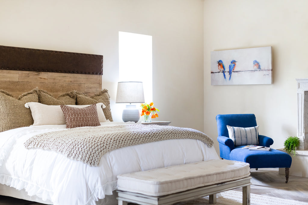 Laurent Wood Plank Headboard with Leather and Nail Head Details Style in Bedroom